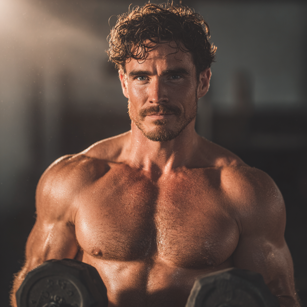 confident muscular man in gym lifting weights with determination