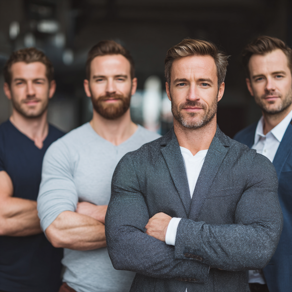 group of confident men in business casual attire standing together after successful workout session